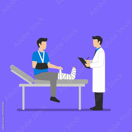 Doctor examines patient with broken leg and arm in hospital examination room