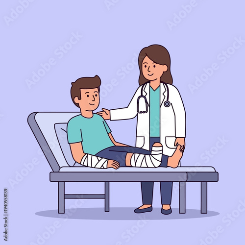 Doctor examines patient with broken leg and arm in hospital bed, medical care concept