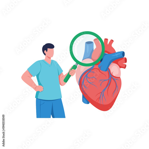 Doctor examines human heart with magnifying glass, medical research and cardiology concept