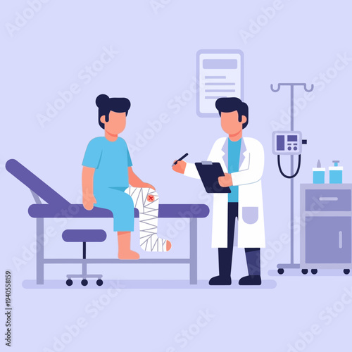 Doctor examines patient with broken leg cast in hospital examination room
