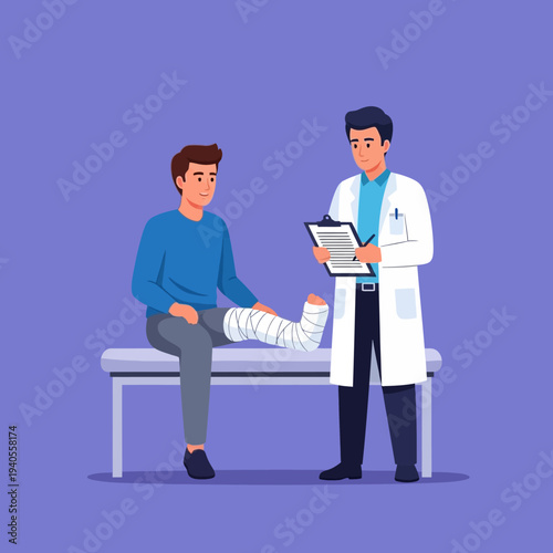 Doctor examines patient with broken leg in cast, medical consultation, healthcare concept