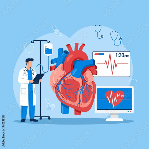 Doctor Examining Heart Health with ECG Monitor and IV Drip