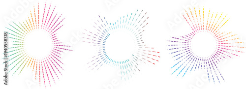 Colorful radial patterns with multi colored lines forming circular shapes on white background, set of three abstract compositions