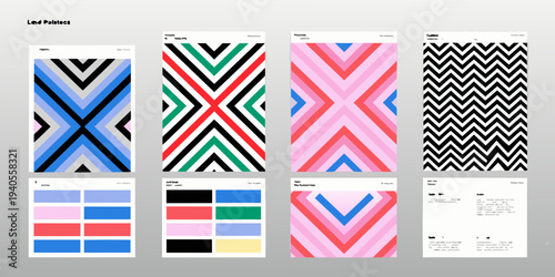 A collection of modern geometric patterned designs on rectangular cards