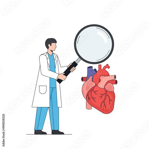 Doctor examining heart with magnifying glass, cardiology concept, medical research, healthcare illustration