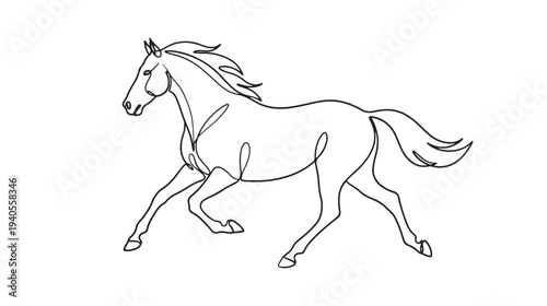 Dynamic continuous line art illustration of a powerful running horse, elegant vector drawing capturing equine movement and freedom in a minimalist style