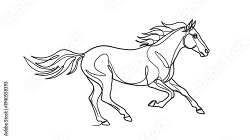 A single line drawing of a majestic horse galloping with flowing mane and tail, perfect for equestrian art and design