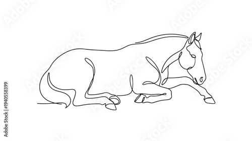 Elegant single continuous line art illustration depicting a serene horse peacefully resting, a beautiful minimalist animal silhouette perfect for design projects