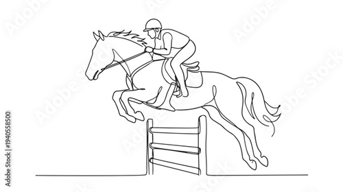 Dynamic continuous line art illustration of a professional equestrian athlete on a horse leaping over a hurdle, showcasing the thrilling sport of show jumping