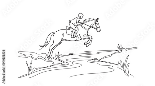 Single continuous line art illustration captures an equestrian and horse in mid-air, gracefully jumping over a natural obstacle, highlighting fluid movement and athletic skill