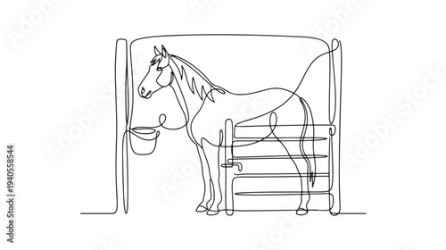 Single Line Drawing of a Horse in a Stable with Hay Feeder, minimalist art illustration