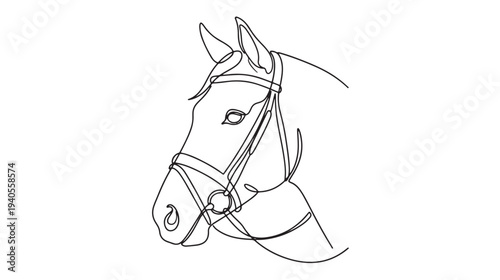 Elegant Continuous Line Art Illustration of a Majestic Horse Head with a Bridle, Capturing Equestrian Grace and Minimalist Beauty
