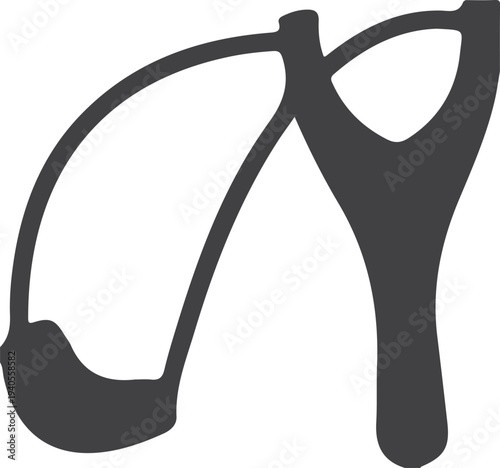 Silhouette of a classic wooden slingshot with a leather pouch and elastic bands on white.