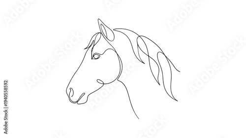 Elegant continuous one line drawing of a horse head. Minimalist single line art illustration of an equine, perfect for branding, logo, or modern design elements