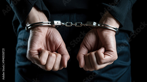 A person's hands are cuffed behind their back, symbolizing arrest, crime, or legal consequences.