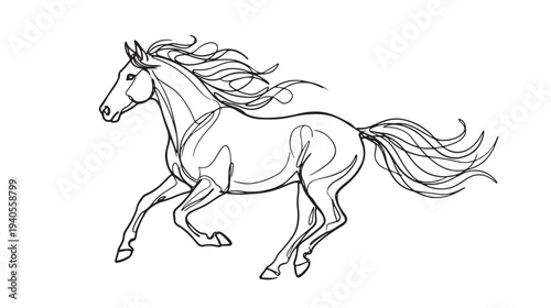 A dynamic line art illustration of a galloping horse, capturing its powerful movement and flowing mane and tail in a sketch style