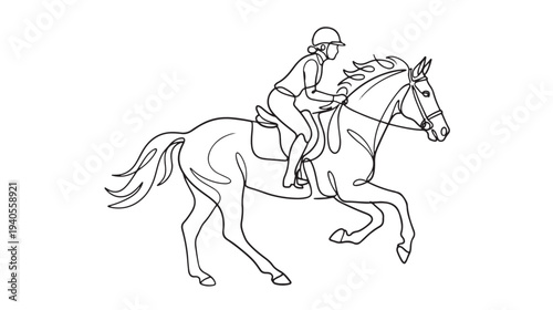 Elegant single line drawing of a person riding a horse in motion, capturing the grace and energy of equestrian sports with minimalist style