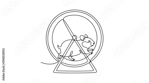 Continuous one-line drawing of a cute hamster running on an exercise wheel, symbolizing daily routine and persistent effort, a sleek vector illustration