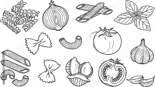 A black and white illustration of various herbs and vegetables isolated on transparent background