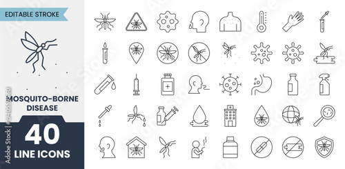 Mosquito borne diseases line icons set with editable stroke. Containing rash, symptoms, malaria, dengue, virus, vaccine and more. Vector illustration