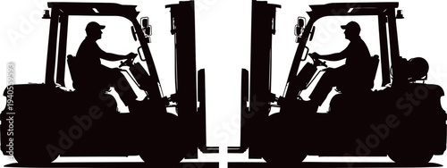 Two forklift operators working side by side isolated on transparent background