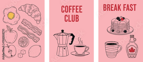 A set of three pink coffee club banners with illustrations isolated on transparent background