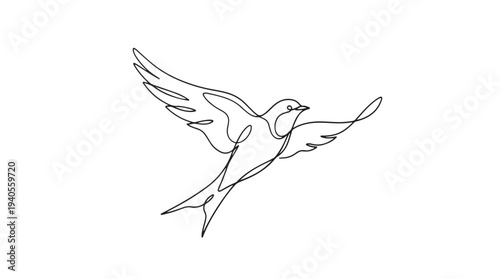 Elegant continuous line art drawing of a flying bird, symbolizing freedom and grace in a minimalist single stroke design, perfect for vector graphics and modern logos