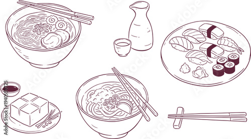 A set of illustrated food and dishware items isolated on transparent background