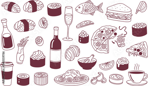 Collection of wine and food items isolated on transparent background