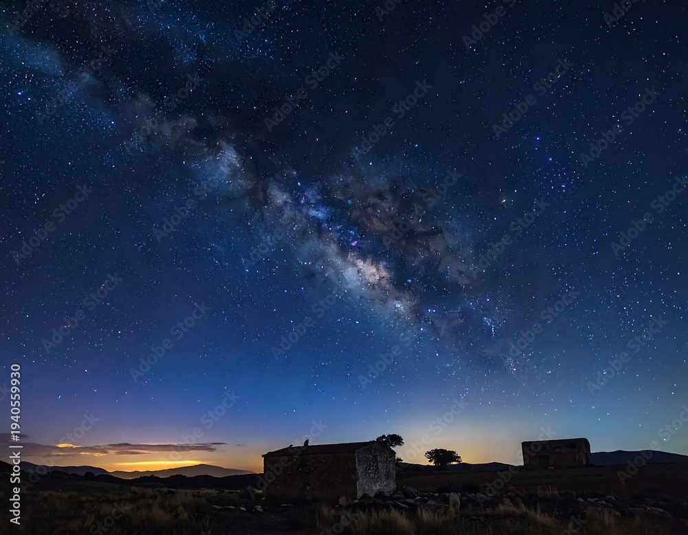 Fototapeta premium Milky Way over rural landscape with old buildings at night time