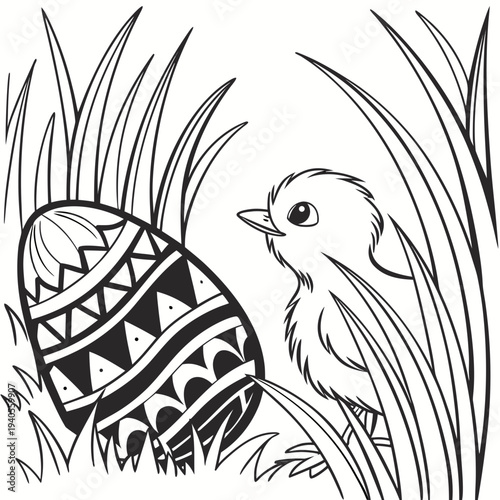 Cute Easter chick standing beside decorative egg in grass