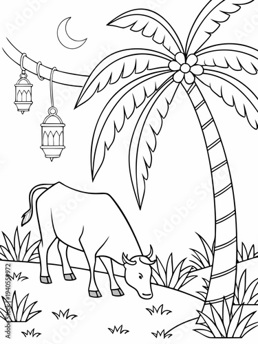 Serene tropical scene with cow under palm tree at night