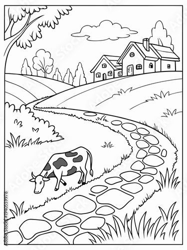 Serene countryside scene with cow grazing near stone path