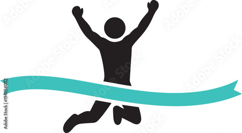 Minimalist solid black silhouette of a winner crossing the finish line, success and achievement concept