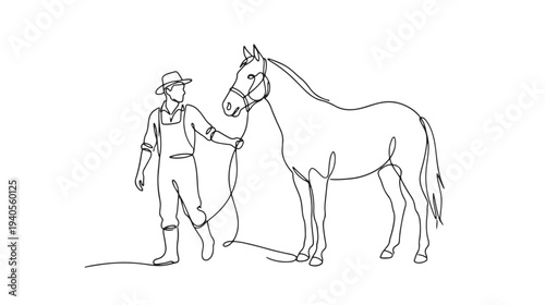 Minimalist one line art illustration of a person in farm attire holding a horse by a halter, symbolizing rural life and companionship