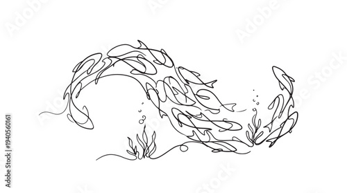 Dynamic Continuous Line Art Illustration of a School of Fish Swimming in a Harmonious Flow, Capturing Fluid Aquatic Movement and Unity in a Minimalist Vector Style
