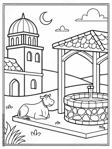 Serene countryside scene with cow by ancient well and tower