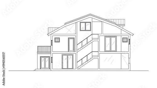 High Quality Black Line Art Duplex House Side Elevation with Staircase Detail and Circulation Paths, Technical Architectural Drawing