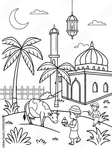 Children offering Eid sacrifice near mosque at night