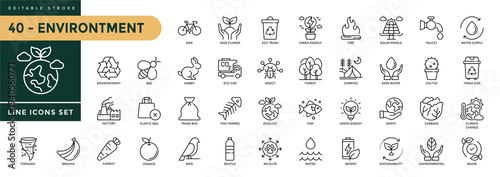 A collection of Environment icons set with editable stroke, including plants, insects, animals, recycling, nature, earth, green energy, trees, ecology. Thin linear vector illustration.