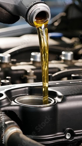 Golden motor oil pouring from a plastic bottle into a car engine hole representing vehicle maintenance, oil change service, and automotive mechanical care