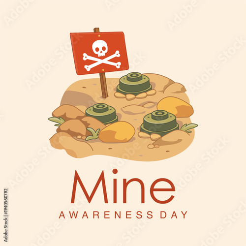 mine awareness day illustration with landmines and danger sign
