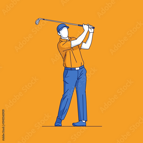 Golfer swinging club on orange background, dynamic pose, sports illustration