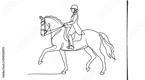 Continuous line art illustration of a classical dressage rider on a horse, showcasing elegant equestrian sport and movement in a minimalist vector style