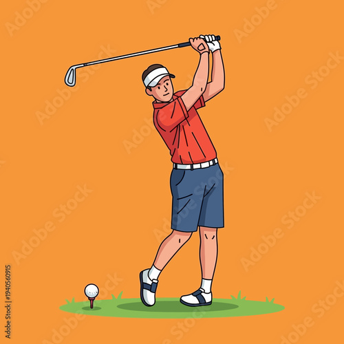 Golfer swinging club on orange background, hitting golf ball on tee