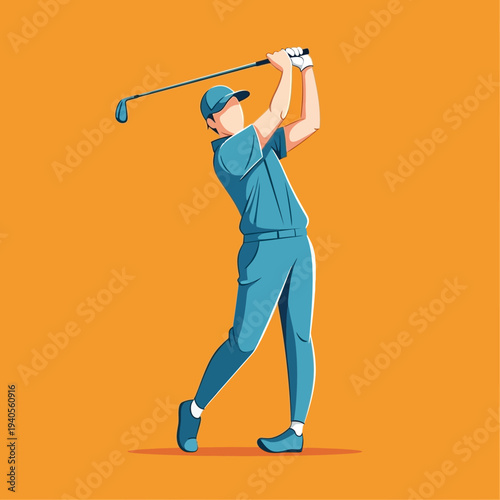 Golfer swinging club on orange background, professional sport, athletic man playing golf