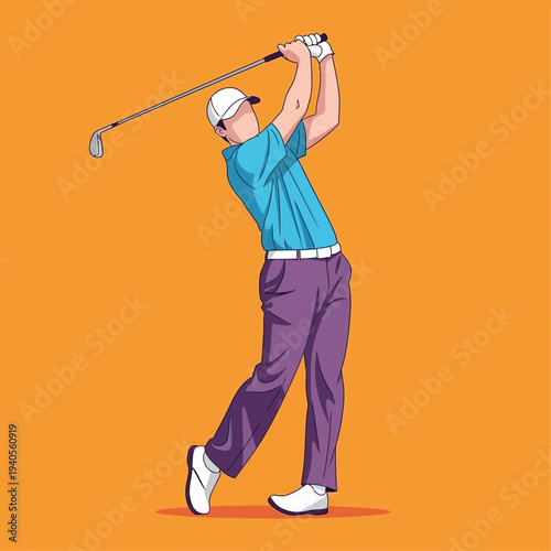 Golfer swinging club on orange background, dynamic pose, professional sport