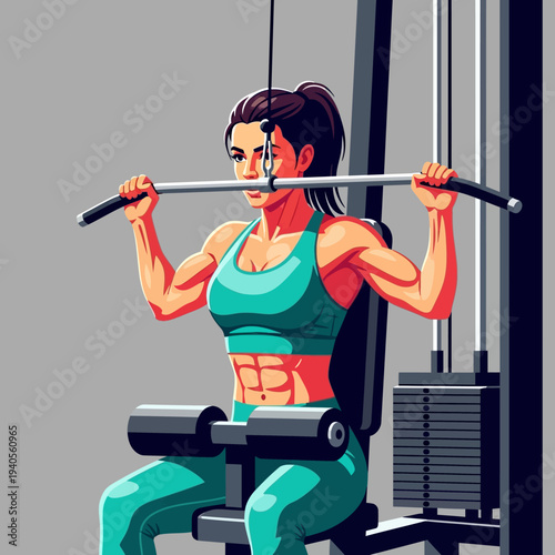 Fit Woman Exercising Back Muscles on Lat Pulldown Machine in Gym