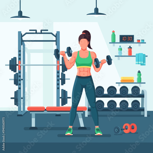 Fit Woman Exercising with Dumbbells and Barbell in Gym