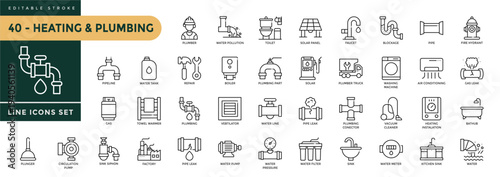 A collection of Heating & Plumbing icons set with editable stroke, including house engineering, pipes, boilers, tools, ventilation, construction. Thin linear vector illustration.